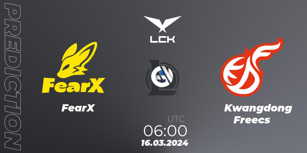 FearX vs Kwangdong Freecs: Match Prediction. 16.03.2024 at 06:00, LoL, LCK Spring 2024 - Group Stage