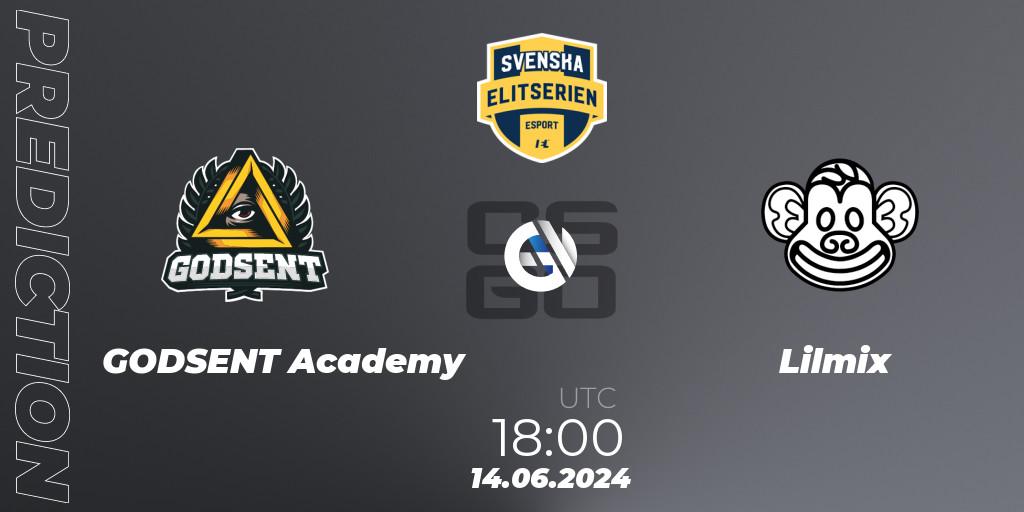 GODSENT Academy vs Lilmix: Match Prediction. 14.06.2024 at 18:00, Counter-Strike (CS2), Svenska Elitserien Spring 2024
