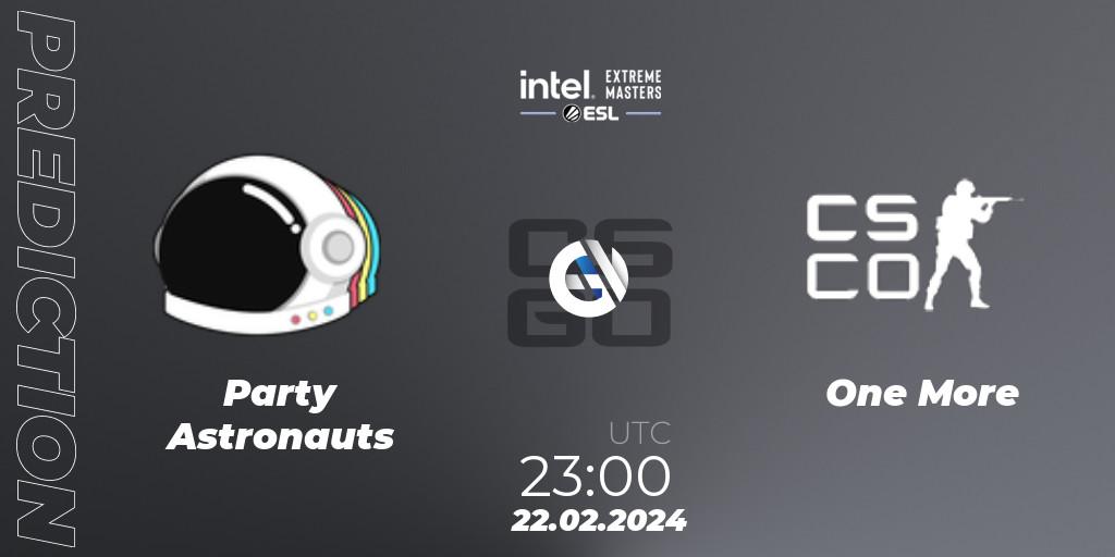 Party Astronauts vs One More: Match Prediction. 22.02.2024 at 23:10, Counter-Strike (CS2), Intel Extreme Masters Dallas 2024: North American Open Qualifier #1