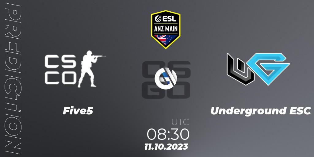 Five5 vs Underground ESC: Match Prediction. 11.10.2023 at 08:30, Counter-Strike (CS2), ESL ANZ Main Season 17