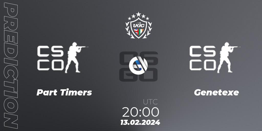 Part Timers vs Genetexe: Match Prediction. 13.02.2024 at 20:00, Counter-Strike (CS2), UKIC League Season 1: Division 1