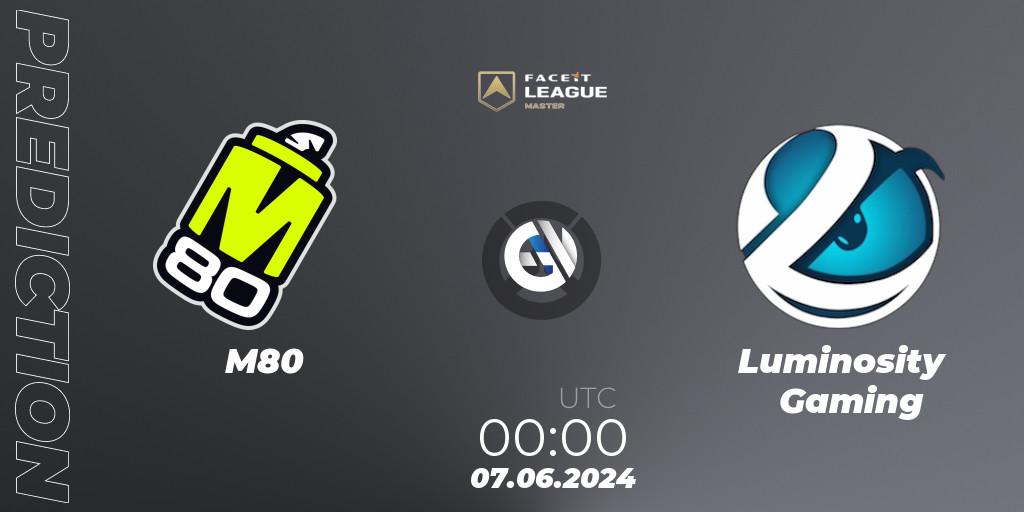 M80 vs Luminosity Gaming: Match Prediction. 07.06.2024 at 00:00, Overwatch, FACEIT League Season 1 - NA Master Road to EWC