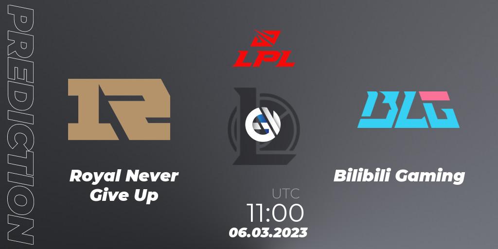 Royal Never Give Up vs Bilibili Gaming: Match Prediction. 06.03.2023 at 11:20, LoL, LPL Spring 2023 - Group Stage