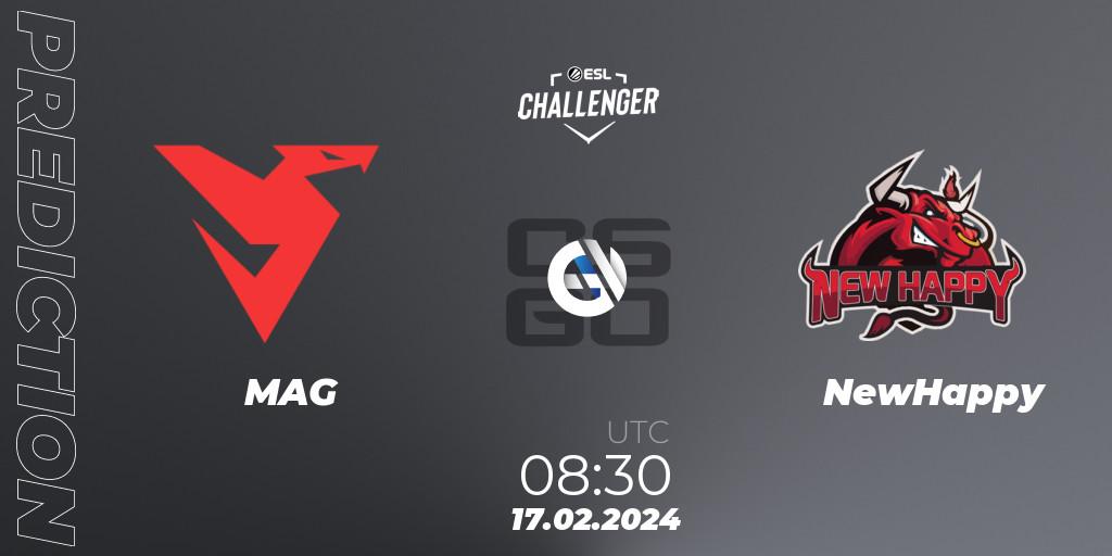 MAG vs NewHappy: Match Prediction. 17.02.2024 at 08:30, Counter-Strike (CS2), ESL Challenger #56: Asian Qualifier