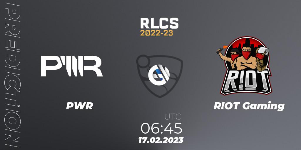 PWR vs R!OT Gaming: Match Prediction. 17.02.2023 at 06:45, Rocket League, RLCS 2022-23 - Winter: Oceania Regional 2 - Winter Cup