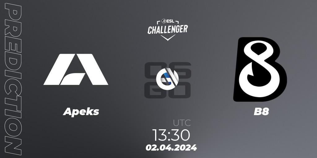 Apeks vs B8: Match Prediction. 02.04.24, CS2 (CS:GO), ESL Challenger #57: European Closed Qualifier