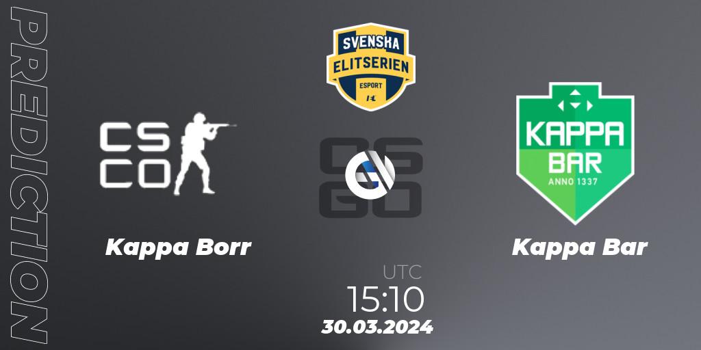 Kappa Borr vs Kappa Bar: Match Prediction. 27.03.2024 at 18:10, Counter-Strike (CS2), Svenska Elitserien Spring 2024