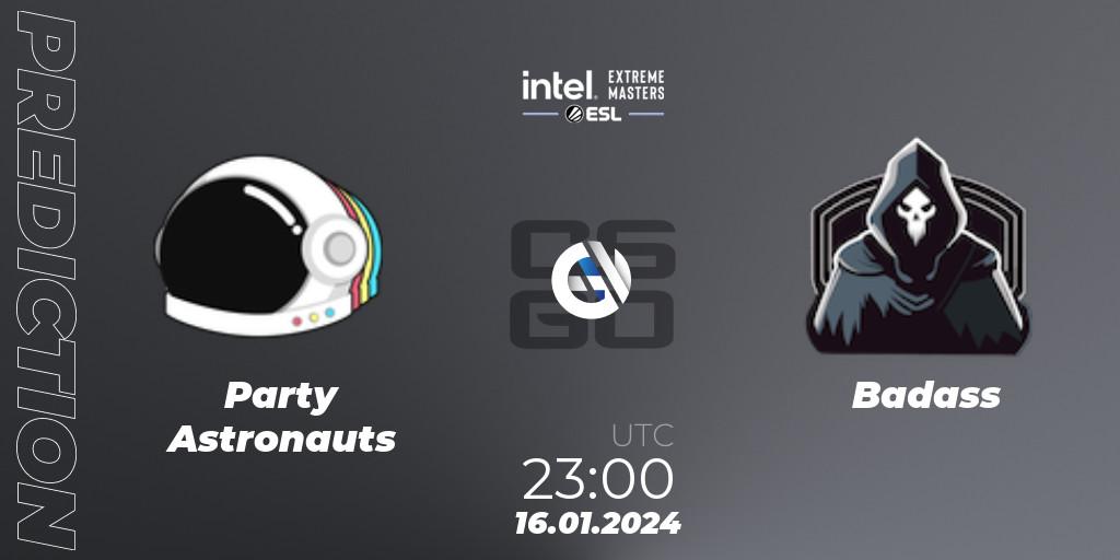 Party Astronauts vs Badass: Match Prediction. 16.01.2024 at 23:05, Counter-Strike (CS2), Intel Extreme Masters China 2024: North American Open Qualifier #1
