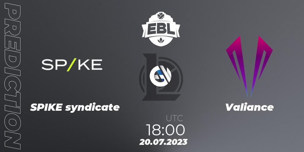 SPIKE syndicate vs Valiance: Match Prediction. 20.07.23, LoL, Esports Balkan League Season 13