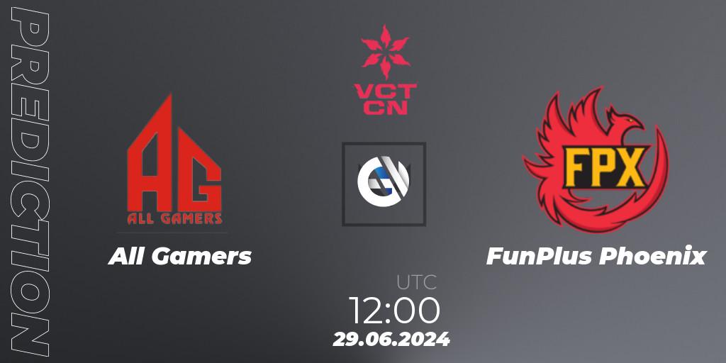 All Gamers vs FunPlus Phoenix: Match Prediction. 29.06.2024 at 12:00, VALORANT, VALORANT Champions Tour China 2024: Stage 2 - Group Stage