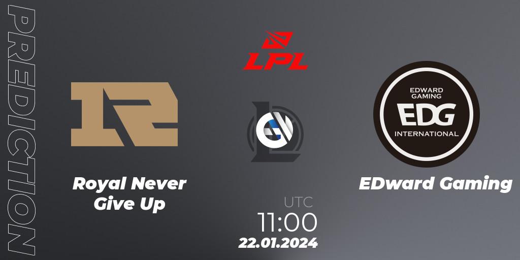 Royal Never Give Up vs EDward Gaming: Match Prediction. 22.01.2024 at 11:00, LoL, LPL Spring 2024 - Group Stage