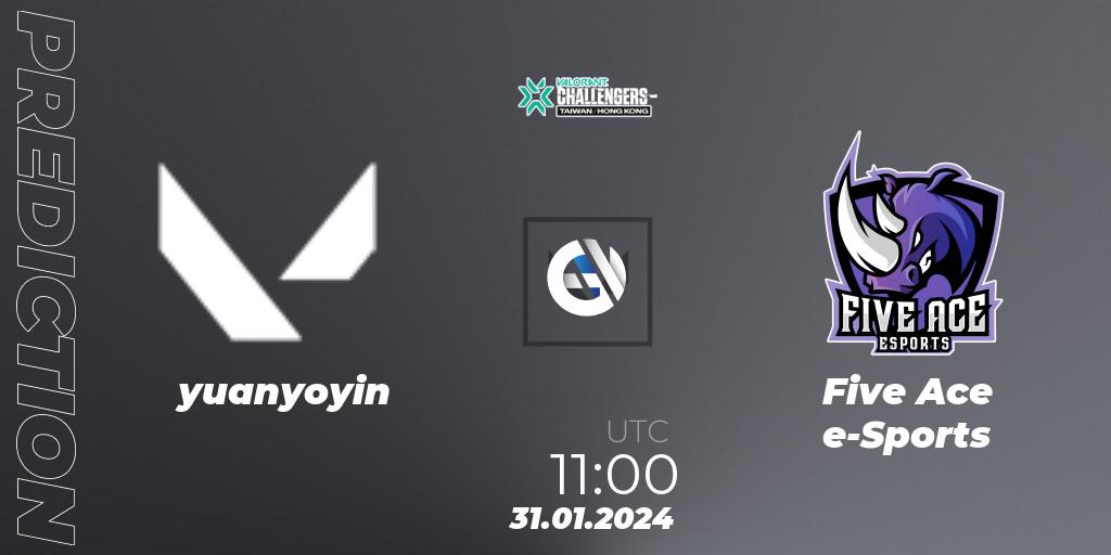 yuanyoyin vs Five Ace e-Sports: Match Prediction. 31.01.2024 at 11:00, VALORANT, VALORANT Challengers Hong Kong and Taiwan 2024: Split 1