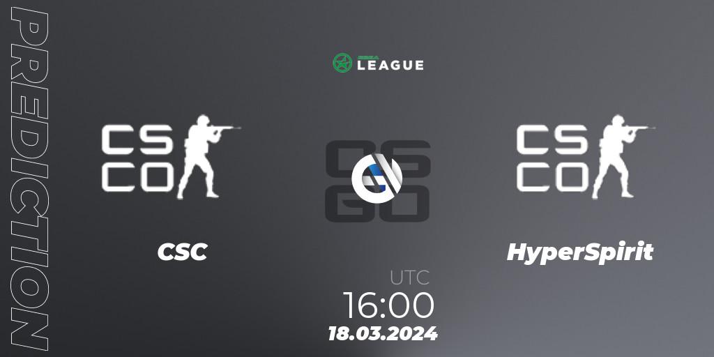 CSC vs HyperSpirit: Match Prediction. 18.03.2024 at 16:00, Counter-Strike (CS2), ESEA Season 48: Main Division - Europe