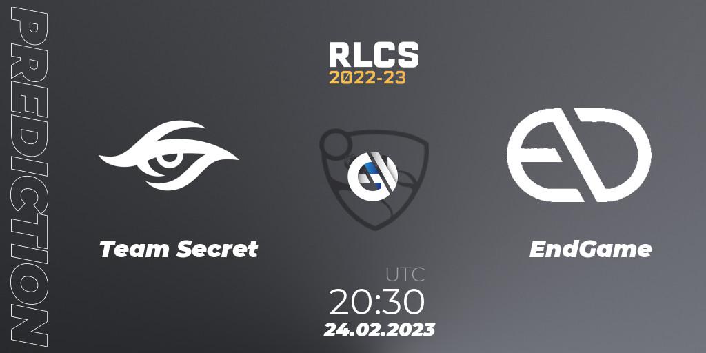 Team Secret vs EndGame: Match Prediction. 24.02.2023 at 20:30, Rocket League, RLCS 2022-23 - Winter: South America Regional 3 - Winter Invitational