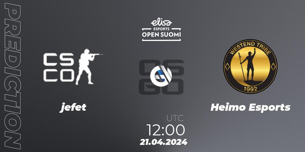 jefet vs Heimo Esports: Match Prediction. 21.04.2024 at 12:00, Counter-Strike (CS2), Elisa Open Suomi Season 6