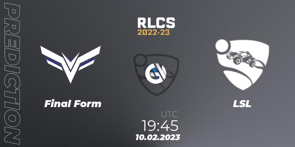 Final Form vs LSL: Match Prediction. 10.02.2023 at 19:45, Rocket League, RLCS 2022-23 - Winter: South America Regional 2 - Winter Cup