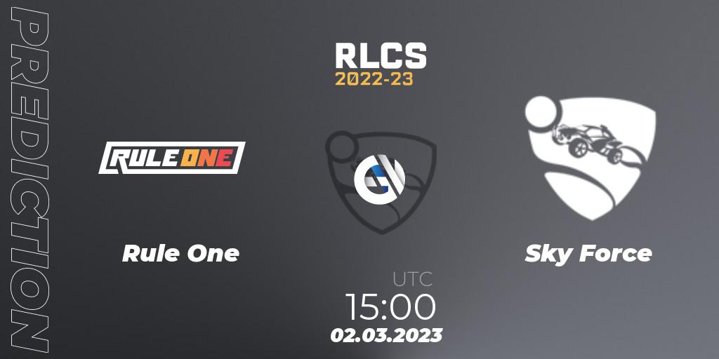 Rule One vs Sky Force: Match Prediction. 02.03.2023 at 15:00, Rocket League, RLCS 2022-23 - Winter: Middle East and North Africa Regional 3 - Winter Invitational