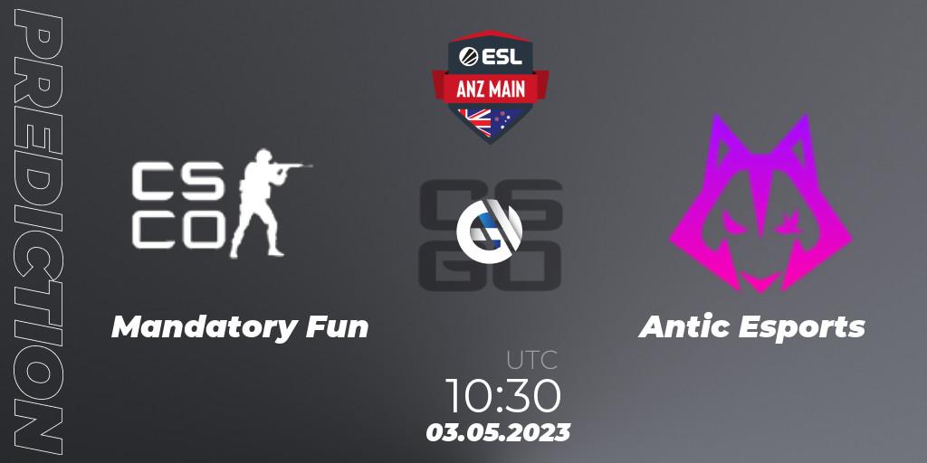 Mandatory Fun vs Antic Esports: Match Prediction. 03.05.2023 at 10:30, Counter-Strike (CS2), ESL ANZ Main Season 16