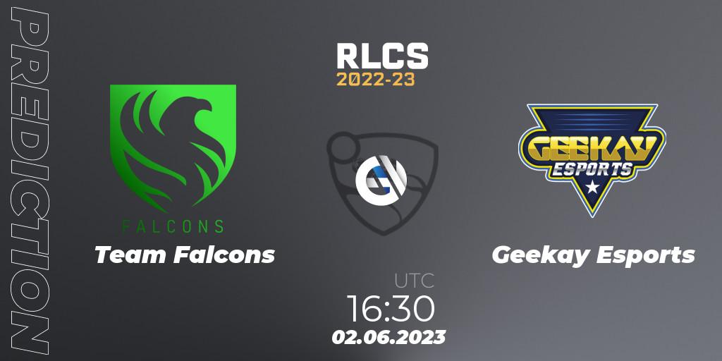 Team Falcons vs Geekay Esports: Match Prediction. 02.06.2023 at 16:20, Rocket League, RLCS 2022-23 - Spring: Middle East and North Africa Regional 3 - Spring Invitational