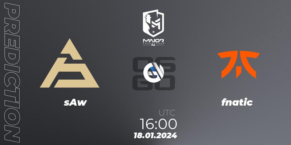 sAw vs fnatic: Match Prediction. 18.01.2024 at 16:15, Counter-Strike (CS2), PGL CS2 Major Copenhagen 2024 Europe RMR Closed Qualifier