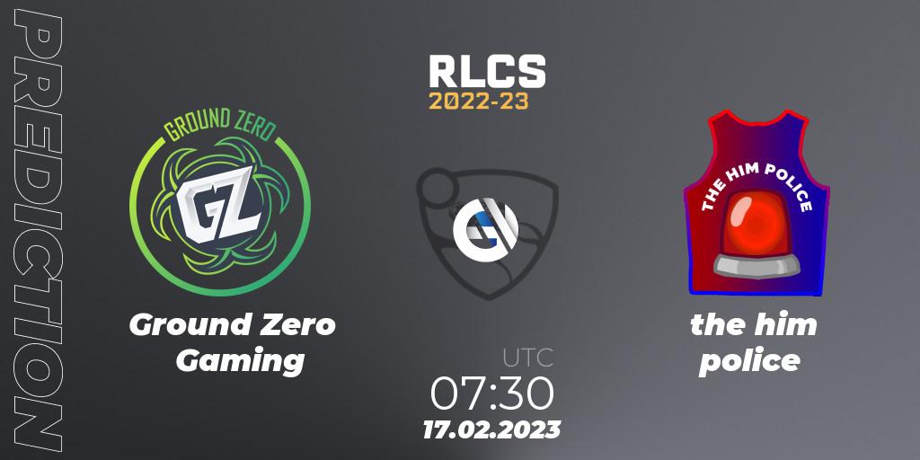 Ground Zero Gaming vs the him police: Match Prediction. 17.02.2023 at 07:30, Rocket League, RLCS 2022-23 - Winter: Oceania Regional 2 - Winter Cup