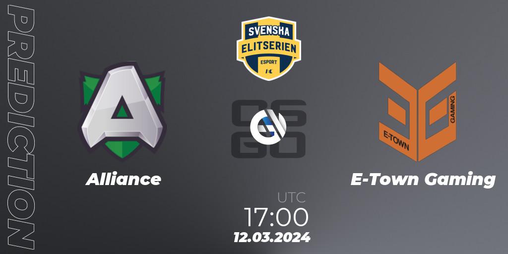Alliance vs E-Town Gaming: Match Prediction. 14.03.2024 at 19:10, Counter-Strike (CS2), Svenska Elitserien Spring 2024