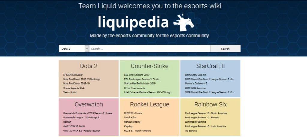 Webbplats liquipedia.net - navigatören i e-sportvärlden