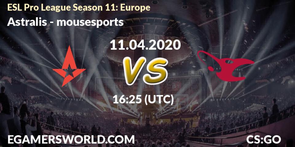 Astralis vs mousesports: Match Prediction. 11.04.20, CS2 (CS:GO), ESL Pro League Season 11: Europe