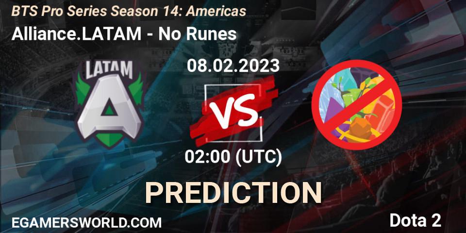 Alliance.LATAM vs No Runes: Match Prediction. 10.02.23, Dota 2, BTS Pro Series Season 14: Americas