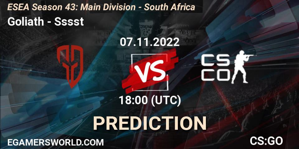 Goliath vs Sssst: Match Prediction. 28.11.22, CS2 (CS:GO), ESEA Season 43: Main Division - South Africa