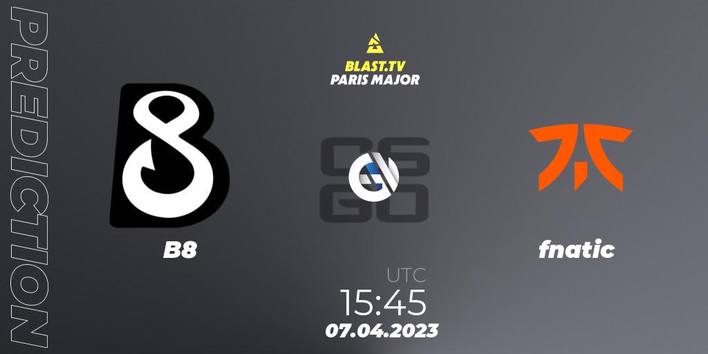 B8 vs fnatic: Match Prediction. 07.04.23, CS2 (CS:GO), BLAST.tv Paris Major 2023 Europe RMR A