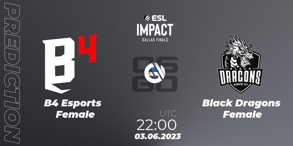 B4 Esports Female vs Black Dragons Female: Match Prediction. 03.06.23, CS2 (CS:GO), ESL Impact League Season 3